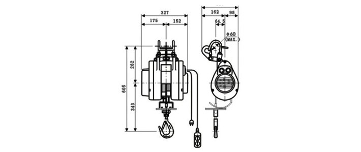 懸掛式微型電動(dòng)葫蘆尺寸參數(shù)圖片